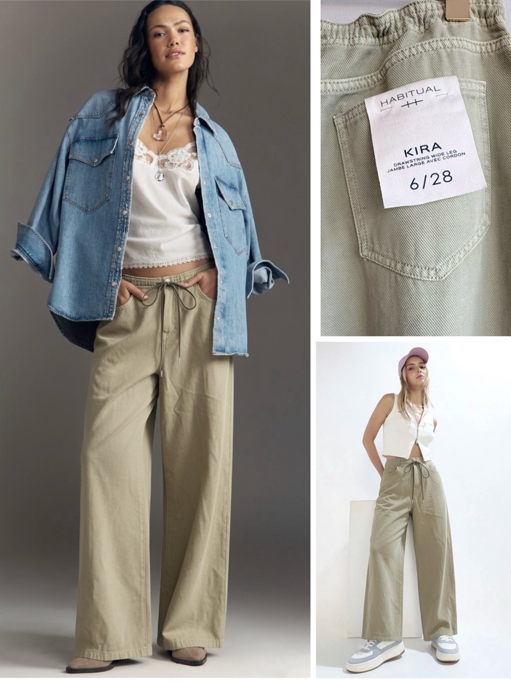 Wide Leg High Rise Pants Drawstring Lightweight Relaxed Jeans Cotton Adjustable
